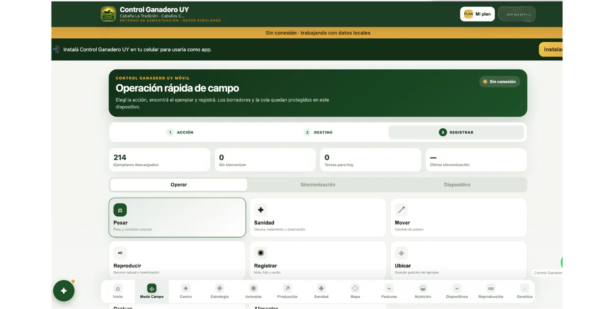 Modo Campo de Control Ganadero UY trabajando sin conexión con datos locales: 214 ejemplares descargados en el dispositivo, cero operaciones sin sincronizar y accesos para pesar, sanidad, mover de potrero y registrar notas