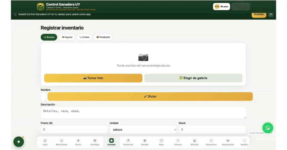 Formulario para registrar un animal en Control Ganadero UY con foto, dictado por voz, caravana y categoría, con selección de especie bovina, equina u ovina