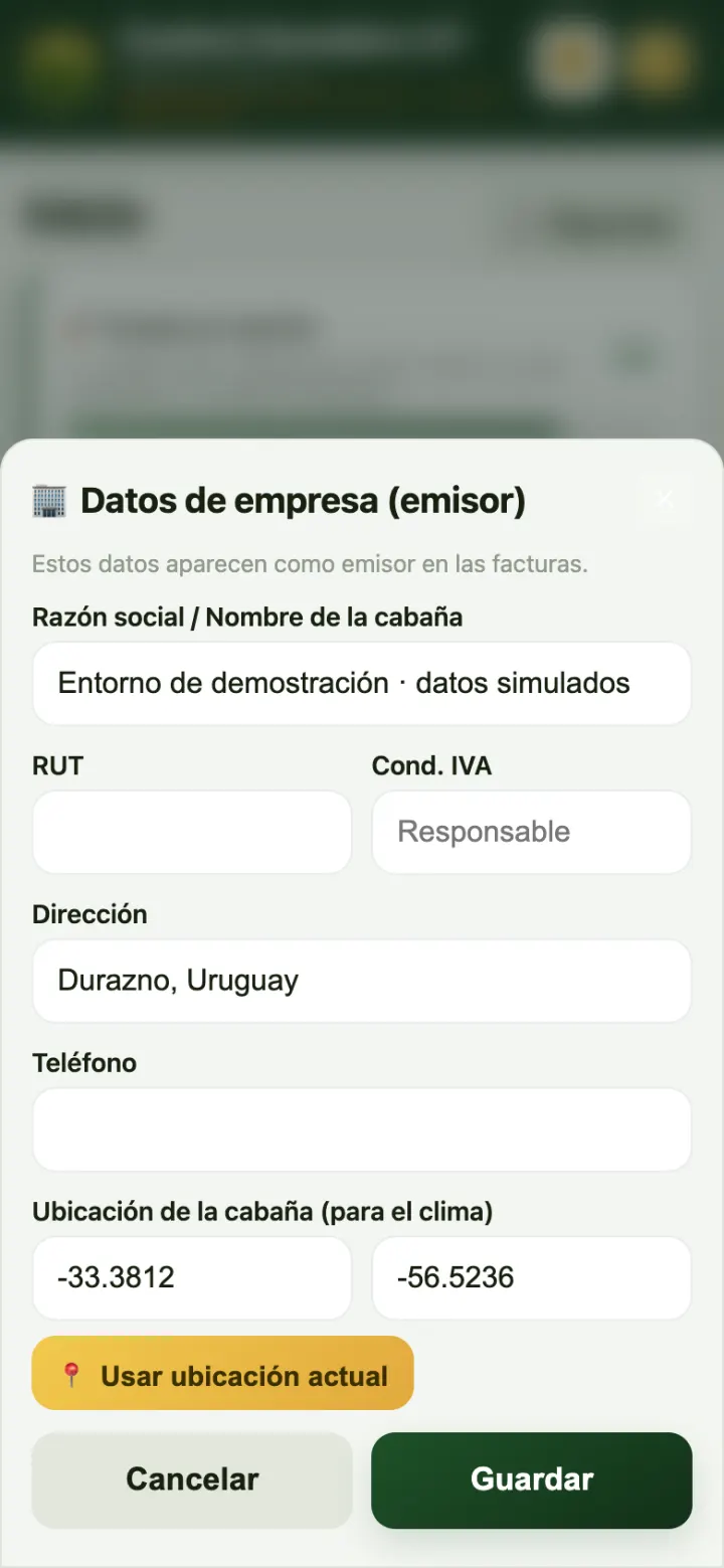 Datos de la cabaña activa.