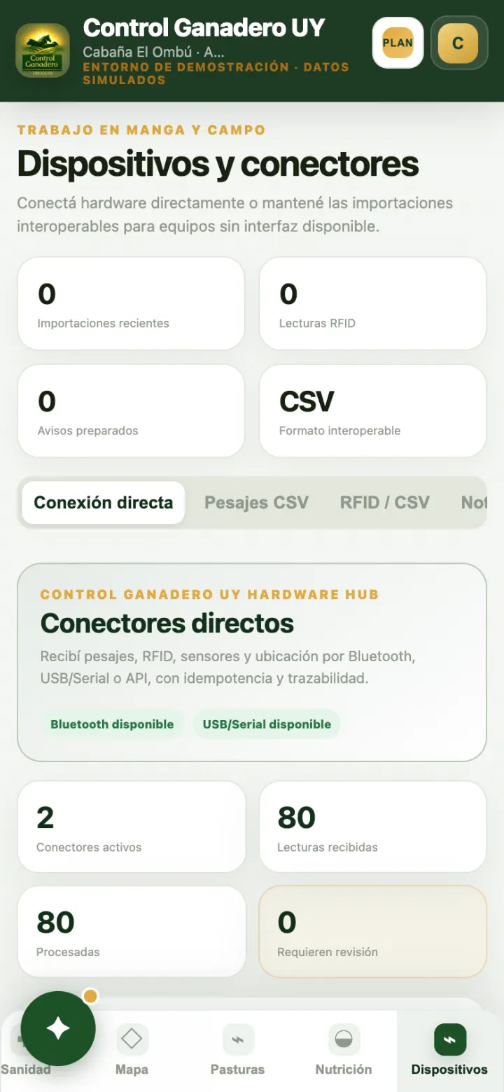 Dispositivos: lecturas y conectores de balanzas y bastones.