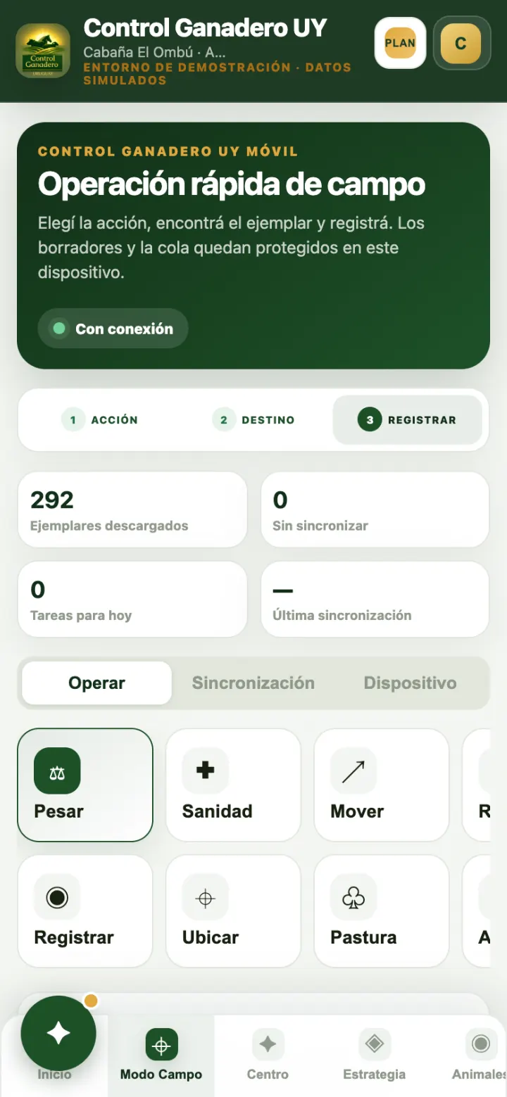 Modo Campo: elegí la acción y registrá.