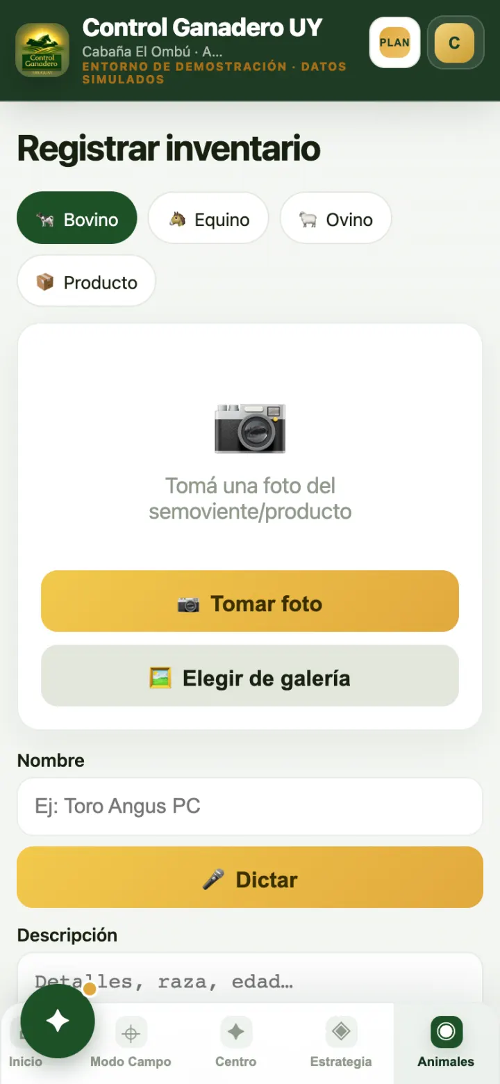 Registrar inventario: elegir especie y sacar la foto.